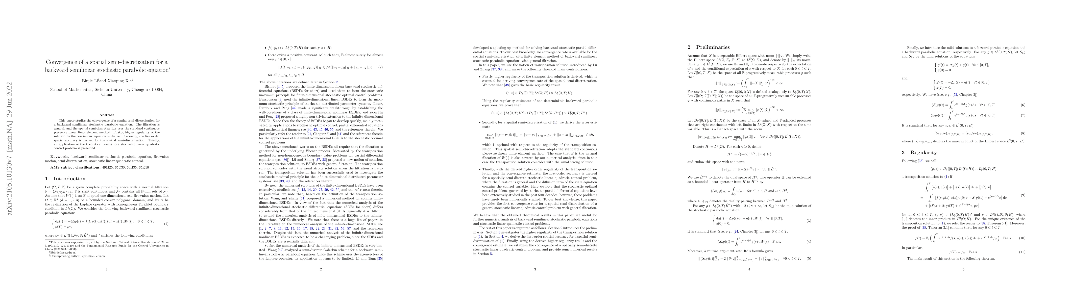 Thumbnail for Convergence of a spatial semi-discretization for a backward semilinear
  stochastic parabolic equation
