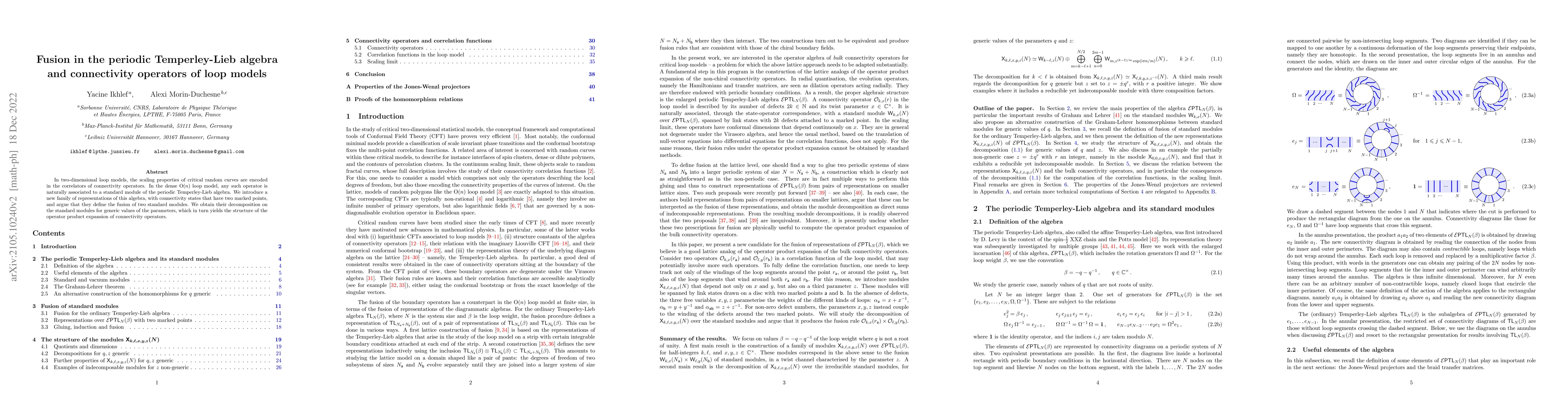 Thumbnail for Fusion in the periodic Temperley-Lieb algebra and connectivity operators
  of loop models