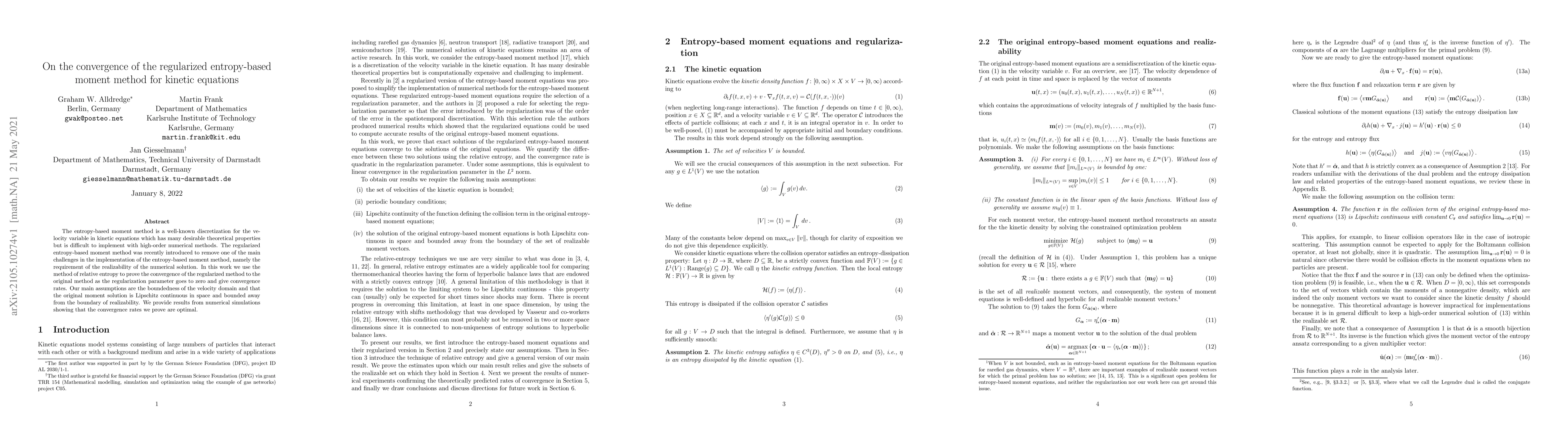 Thumbnail for On the convergence of the regularized entropy-based moment method for
  kinetic equations