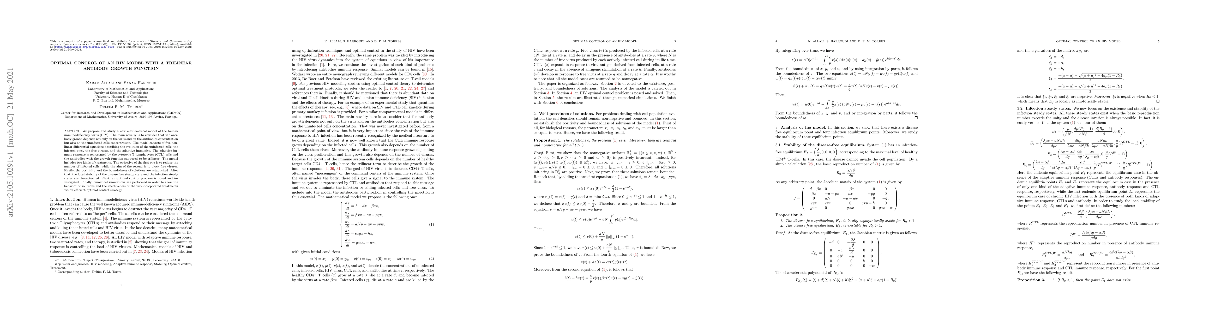 Thumbnail for Optimal control of an HIV model with a trilinear antibody growth
  function