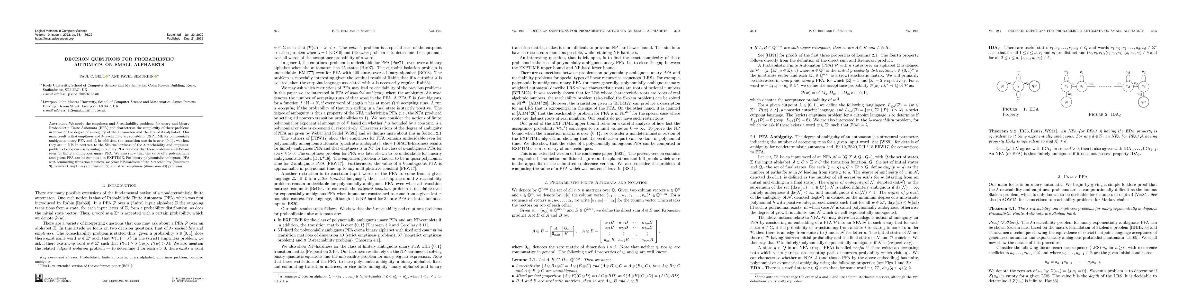 Thumbnail for Decision Questions for Probabilistic Automata on Small Alphabets