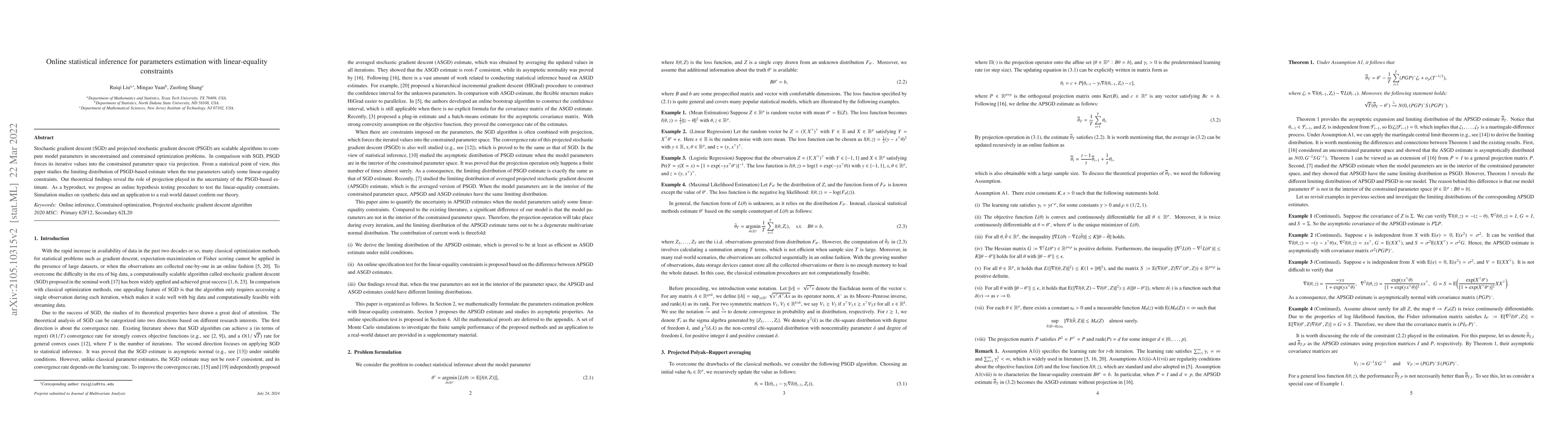 Thumbnail for Online Statistical Inference for Parameters Estimation with
  Linear-Equality Constraints