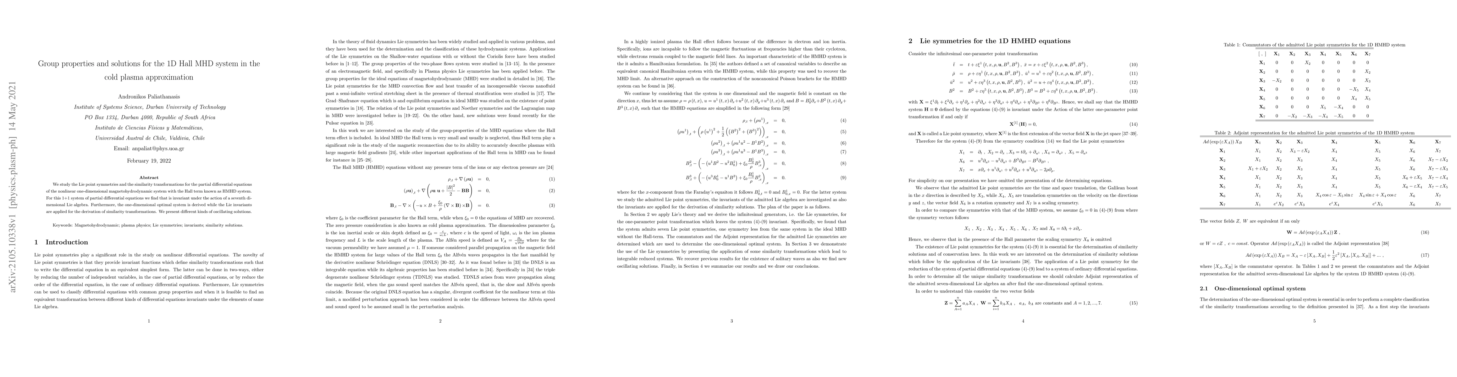 Thumbnail for Group properties and solutions for the 1D Hall MHD system in the cold
  plasma approximation