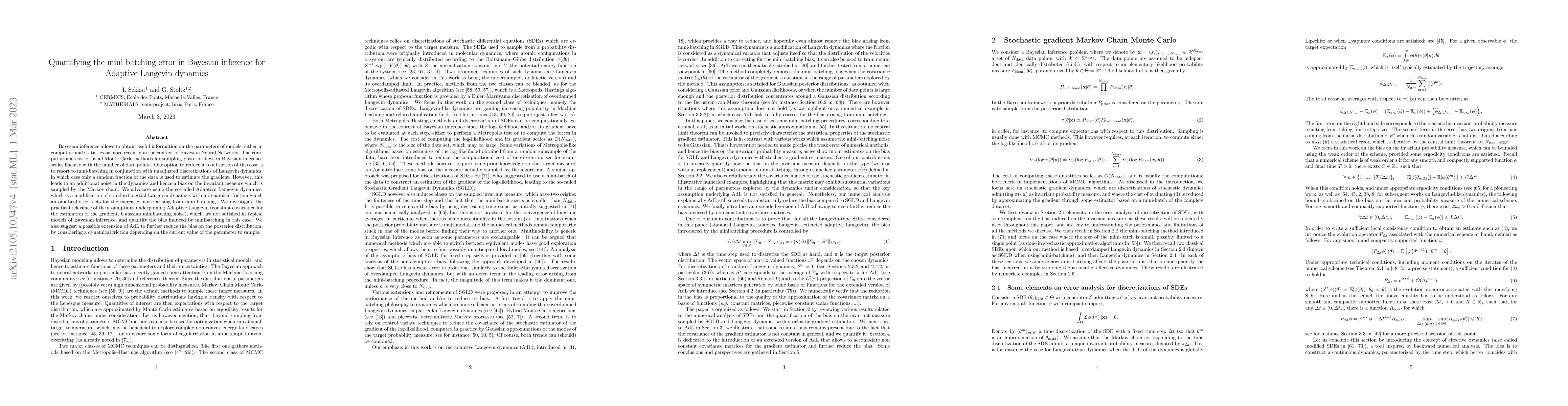 Thumbnail for Quantifying the mini-batching error in Bayesian inference for Adaptive
  Langevin dynamics