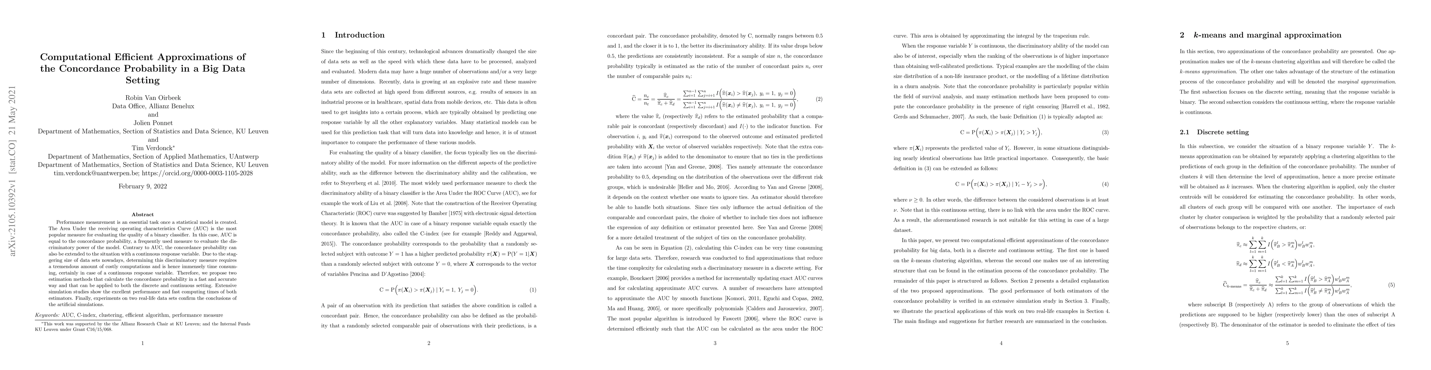Thumbnail for Computational Efficient Approximations of the Concordance Probability in
  a Big Data Setting