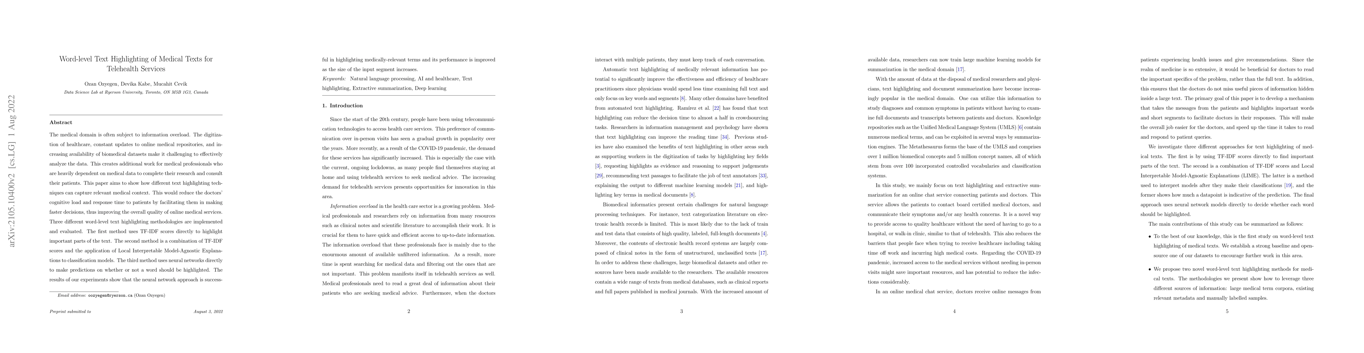 Thumbnail for Word-level Text Highlighting of Medical Texts for Telehealth Services