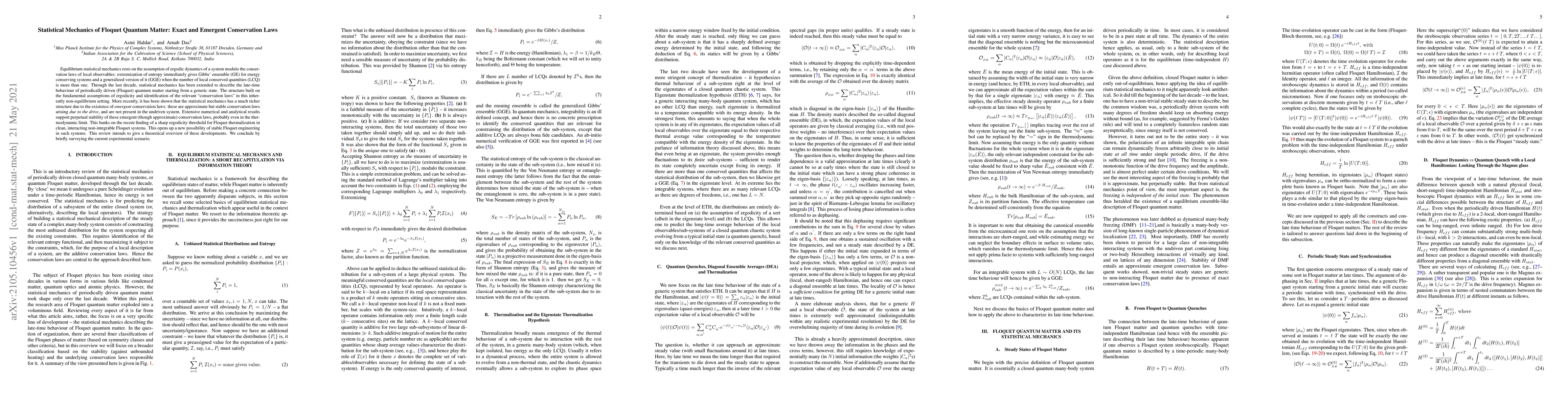 Thumbnail for Statistical Mechanics of Floquet Quantum Matter: Exact and Emergent
  Conservation Laws