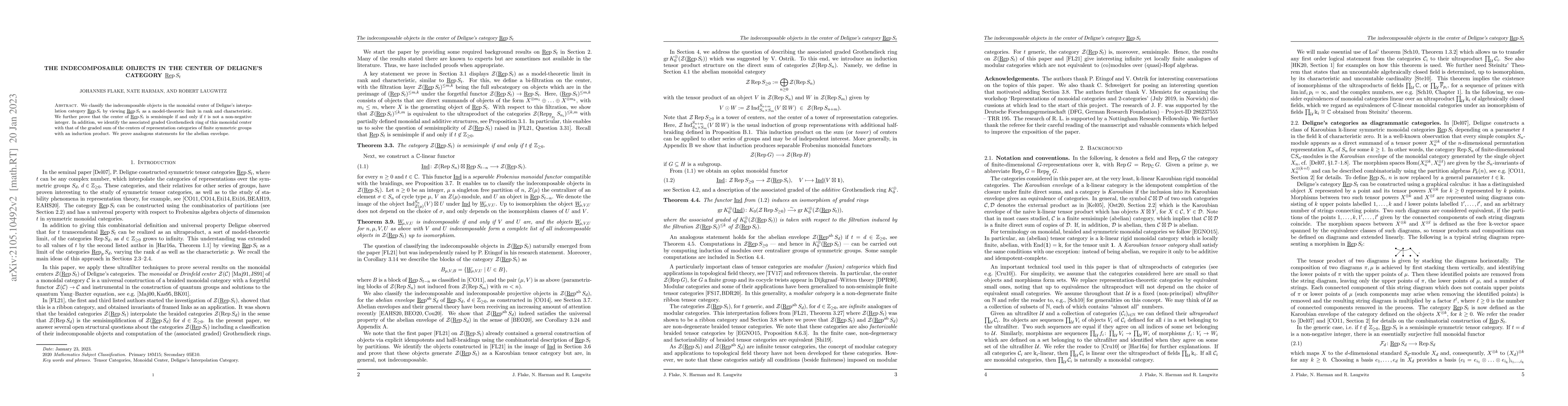 Thumbnail for The indecomposable objects in the center of Deligne's category
  $Rep(S_t)$