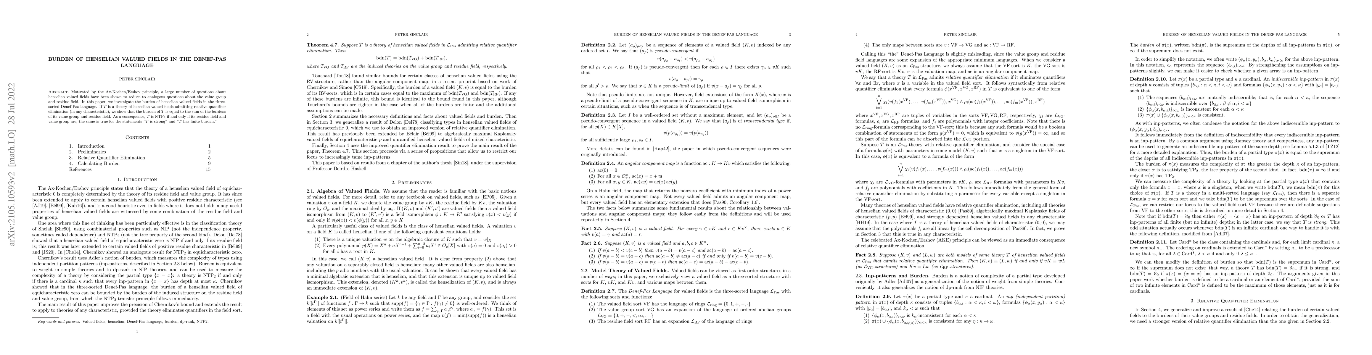 Thumbnail for Burden of henselian valued fields in the Denef-Pas language