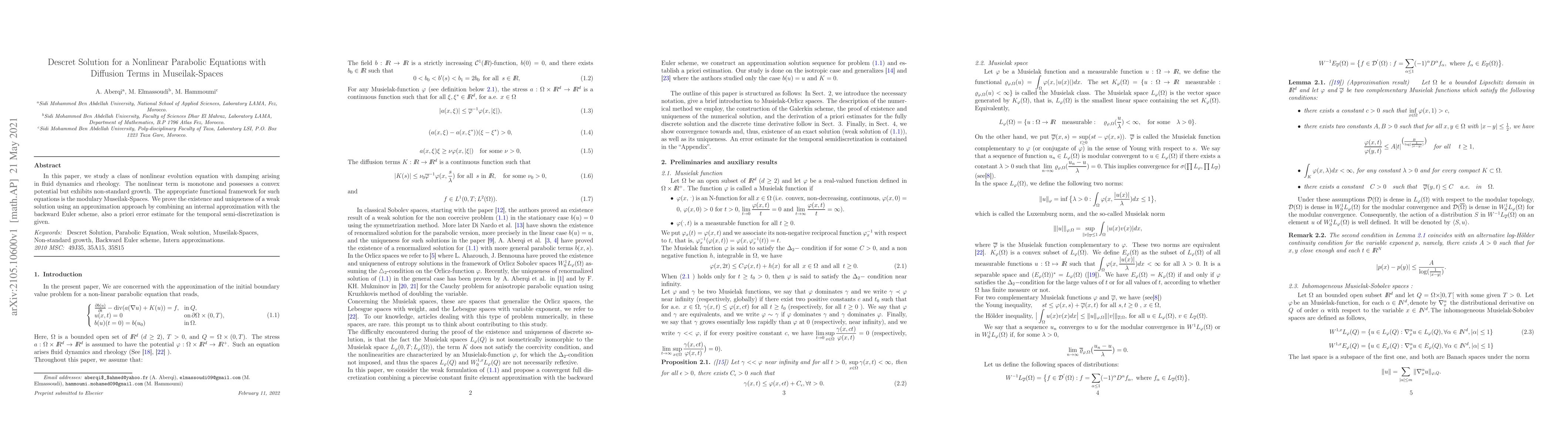 Thumbnail for Descret Solution for a Nonlinear Parabolic Equations with Diffusion
  Terms in Museilak-Spaces