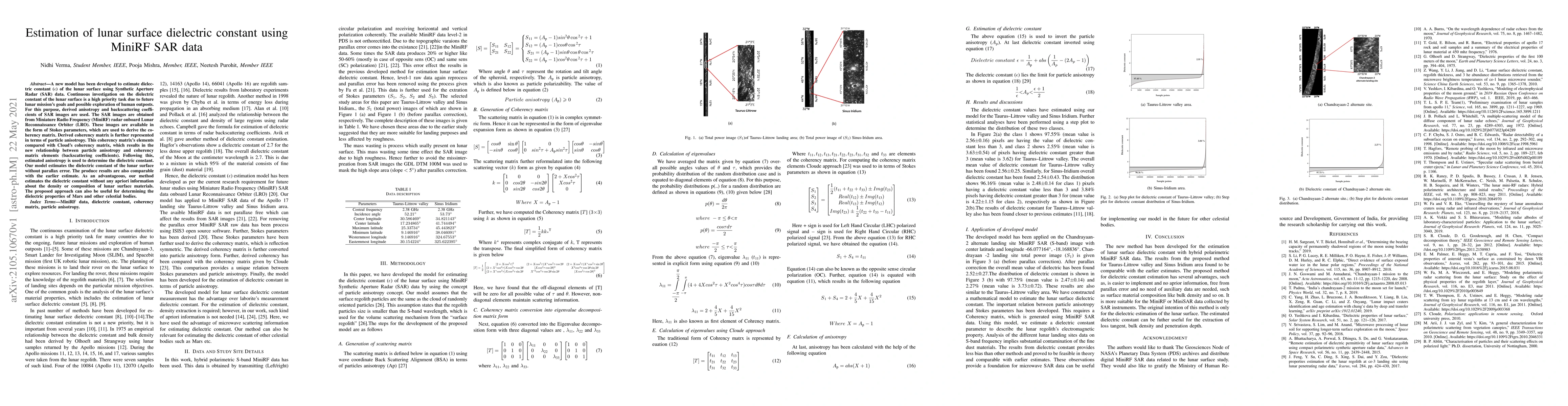 Thumbnail for Estimation of lunar surface dielectric constant using MiniRF SAR data