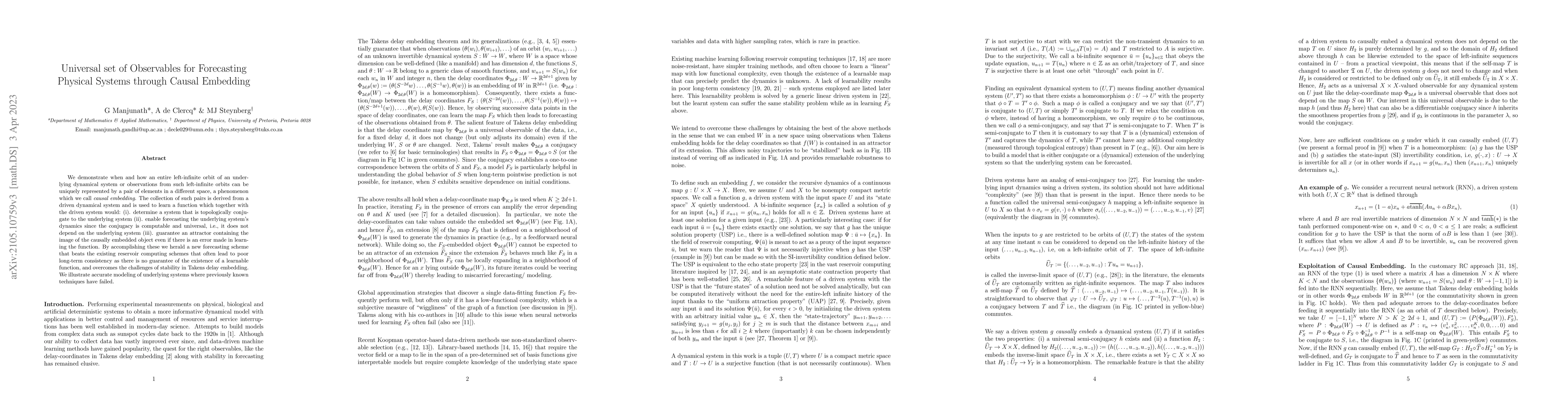 Thumbnail for Universal set of Observables for Forecasting Physical Systems through
  Causal Embedding