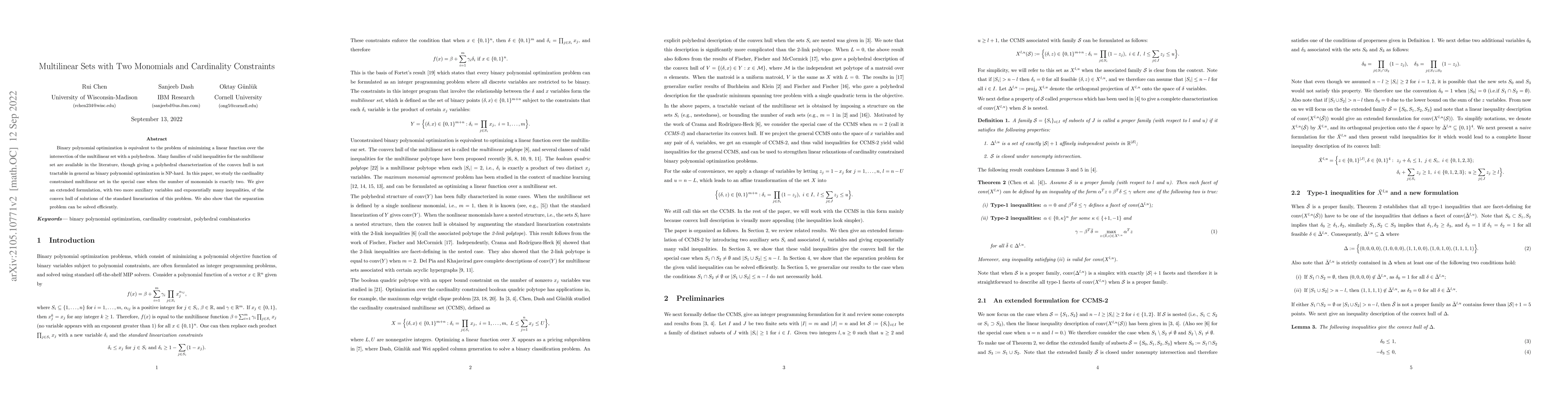 Thumbnail for Multilinear Sets with Two Monomials and Cardinality Constraints