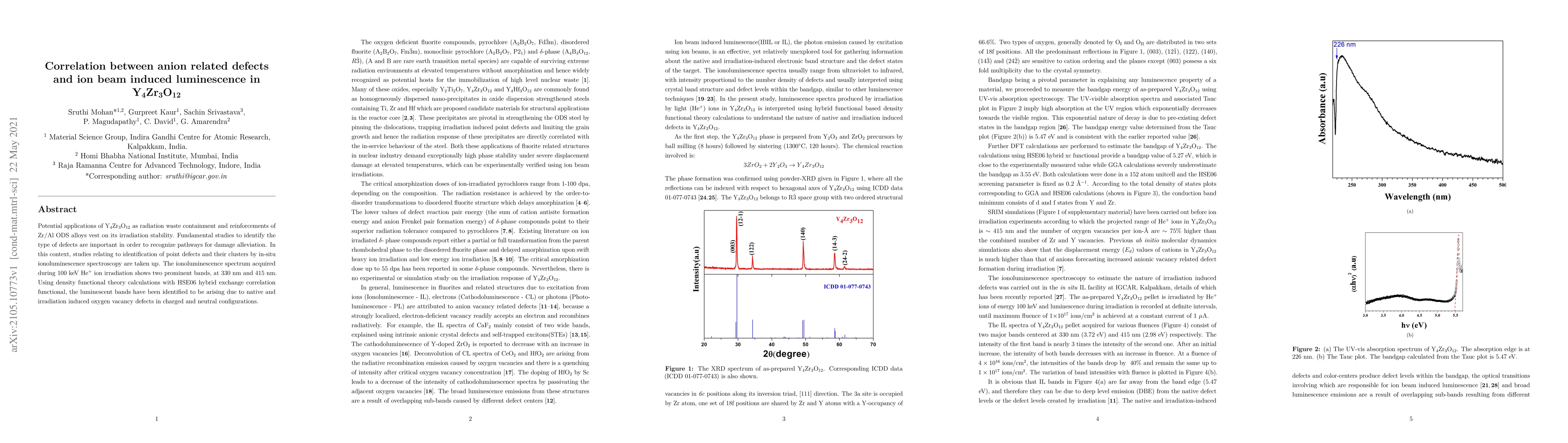 Thumbnail for Correlation between anion defects and ion beam induced luminescence in
  Y4Zr3O12
