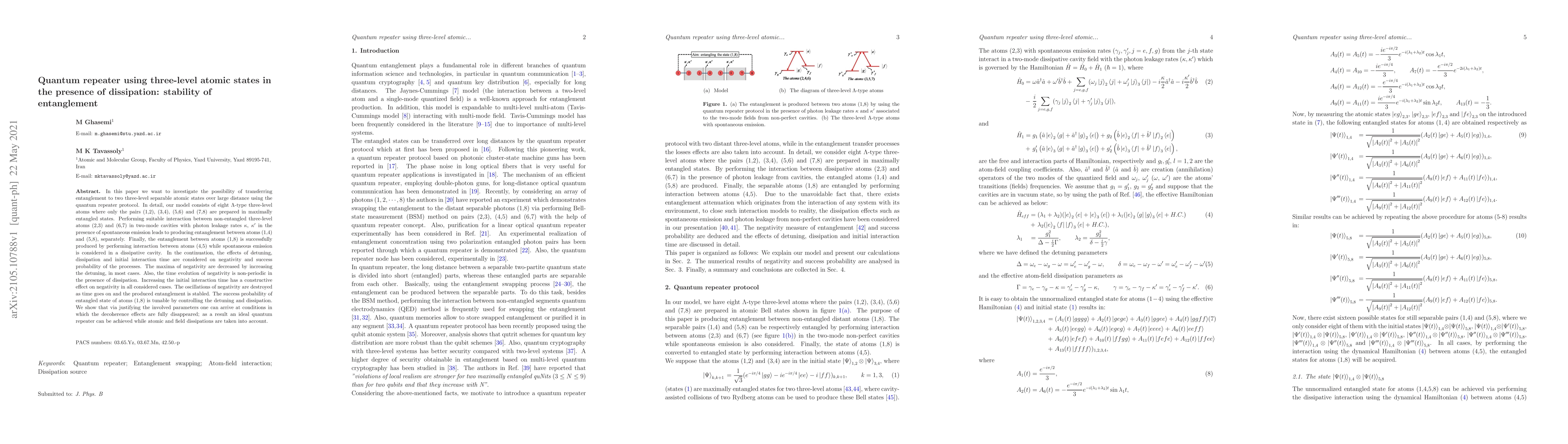 Thumbnail for Quantum repeater using three-level atomic states in the presence of
  dissipation: stability of entanglement