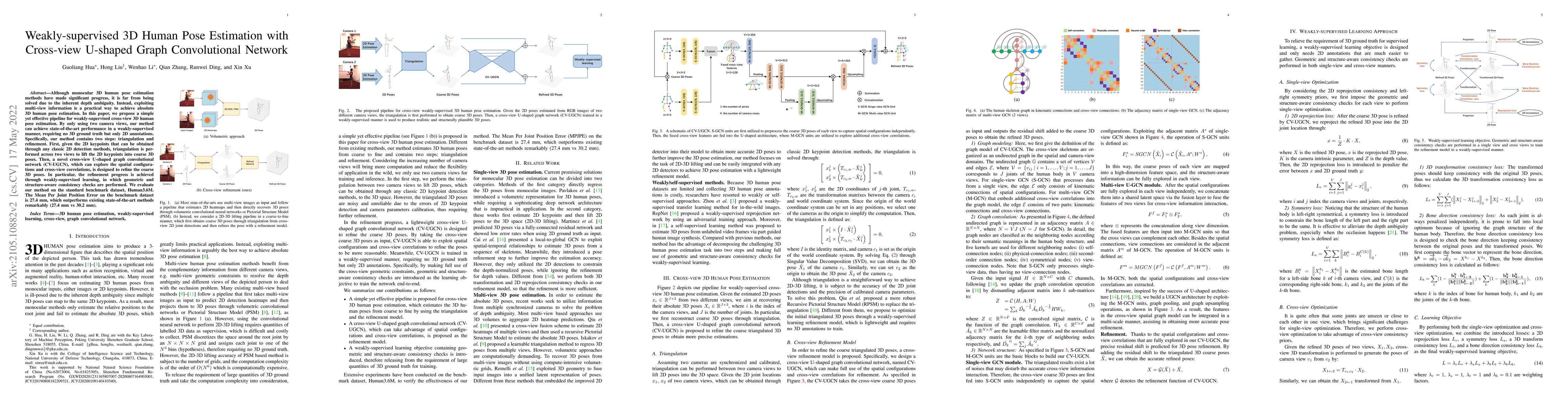 Thumbnail for Weakly-supervised 3D Human Pose Estimation with Cross-view U-shaped
  Graph Convolutional Network