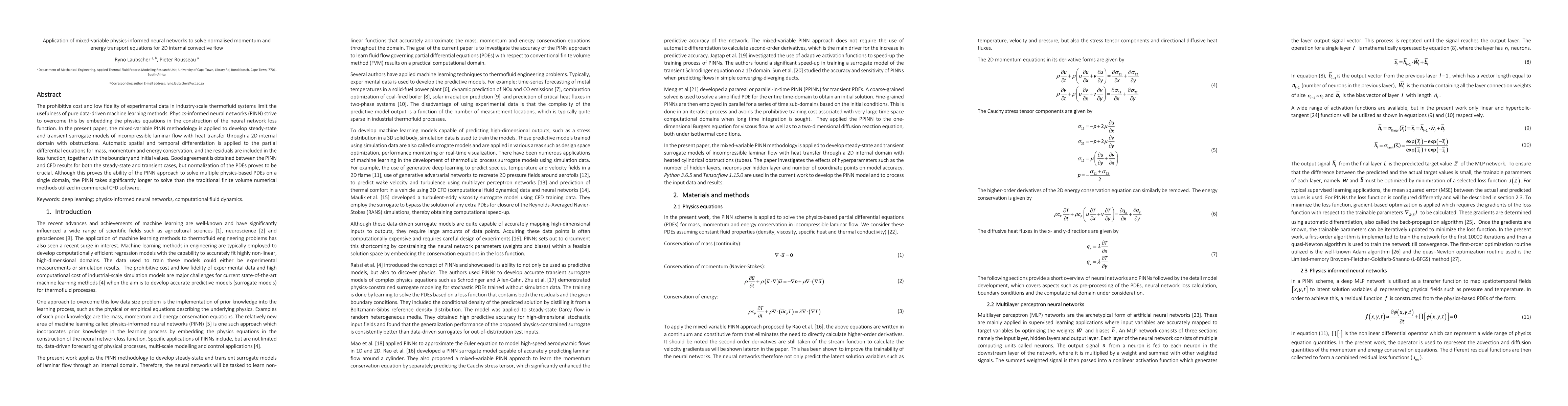 Thumbnail for Application of mixed-variable physics-informed neural networks to solve
  normalised momentum and energy transport equations for 2D internal convective
  flow