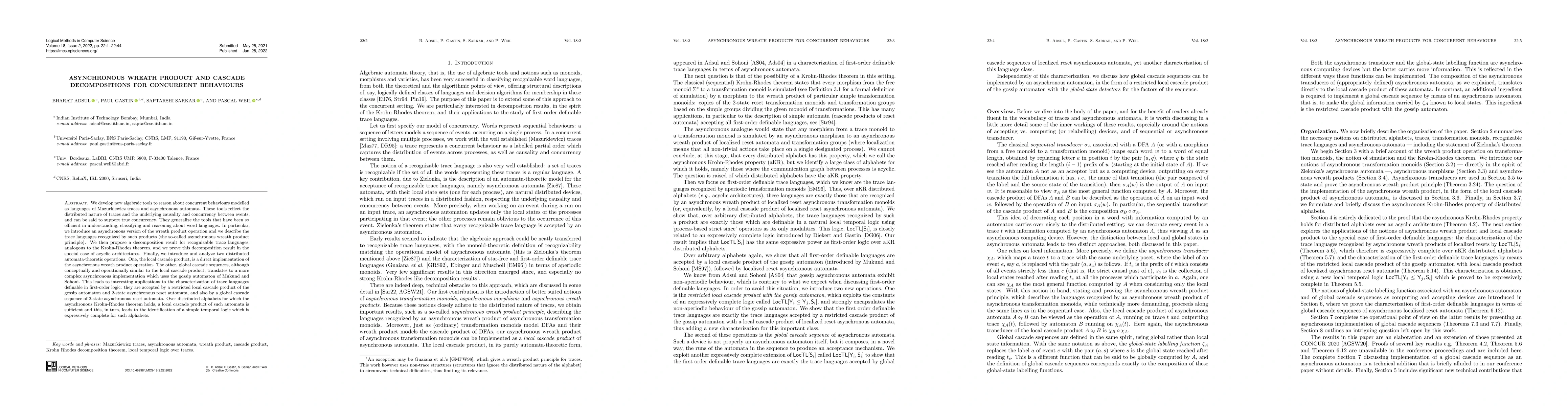 Thumbnail for Asynchronous wreath product and cascade decompositions for concurrent
  behaviours