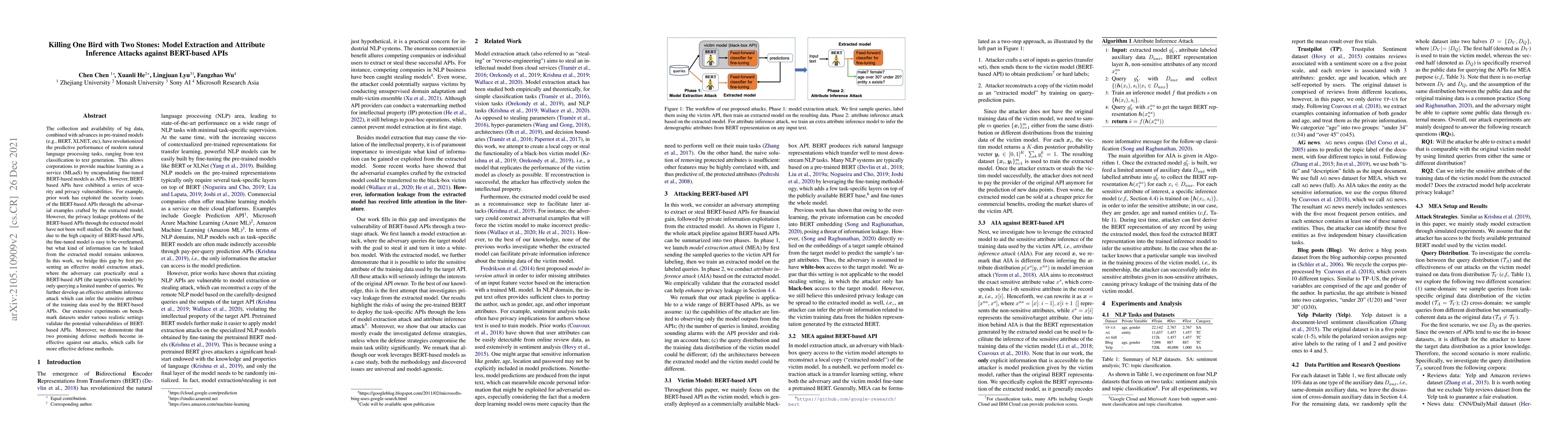 Thumbnail for Killing One Bird with Two Stones: Model Extraction and Attribute
  Inference Attacks against BERT-based APIs