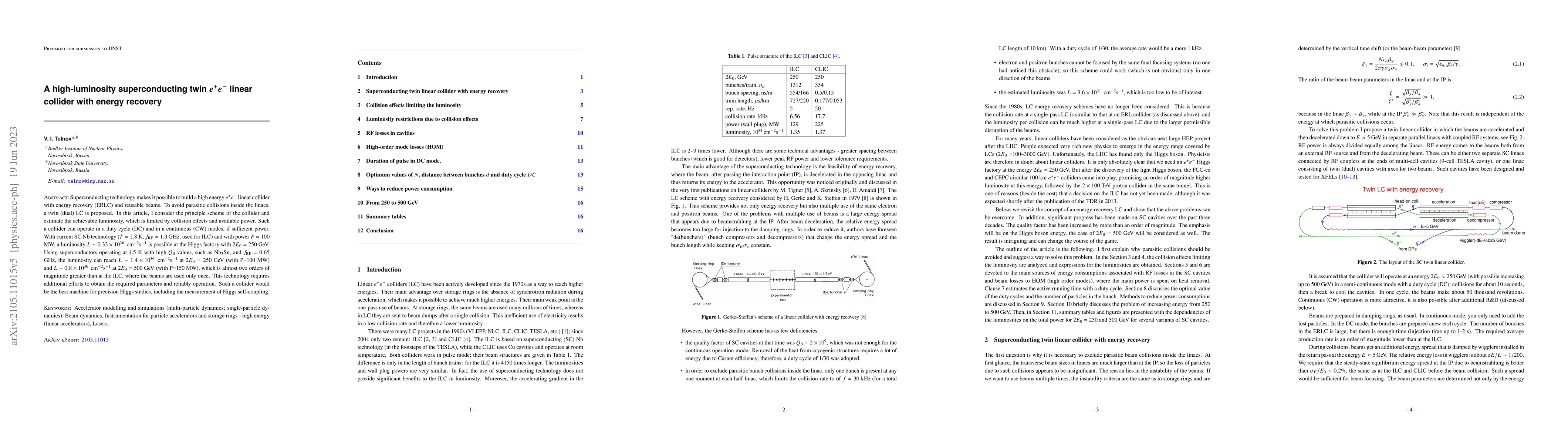 Thumbnail for A high-luminosity superconducting twin $e^+e^-$ linear collider with
  energy recovery