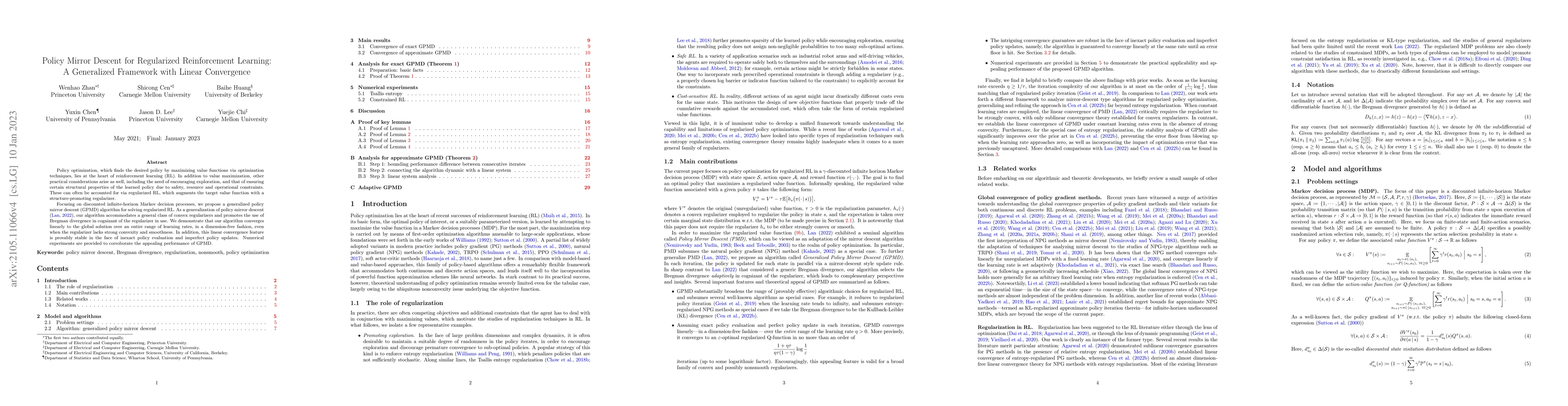 Thumbnail for Policy Mirror Descent for Regularized Reinforcement Learning: A
  Generalized Framework with Linear Convergence