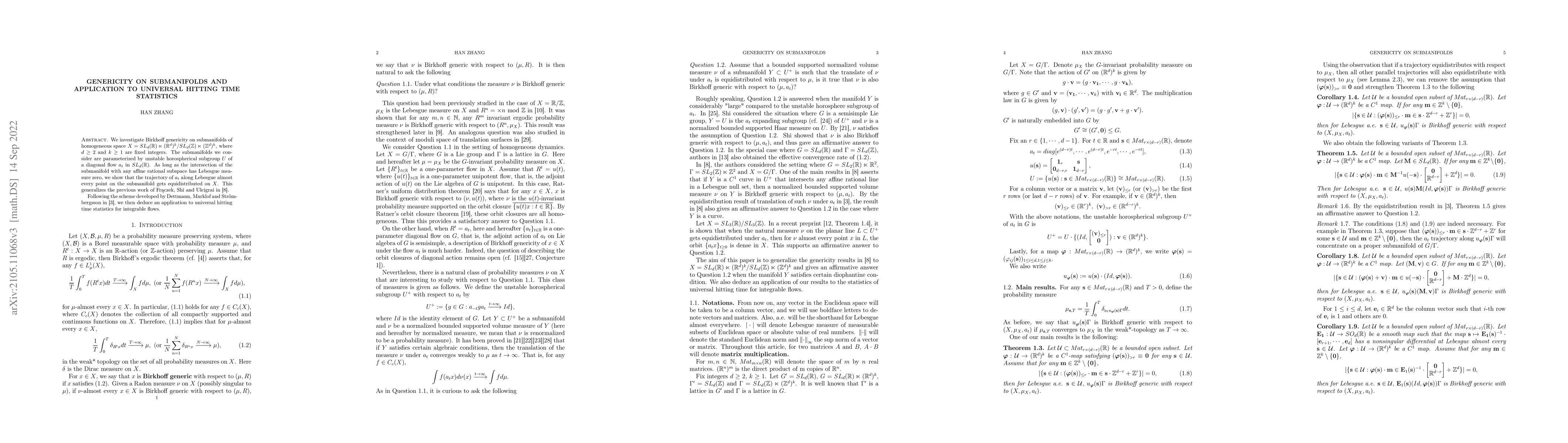 Thumbnail for Genericity on submanifolds and application to Universal hitting time
  statistics