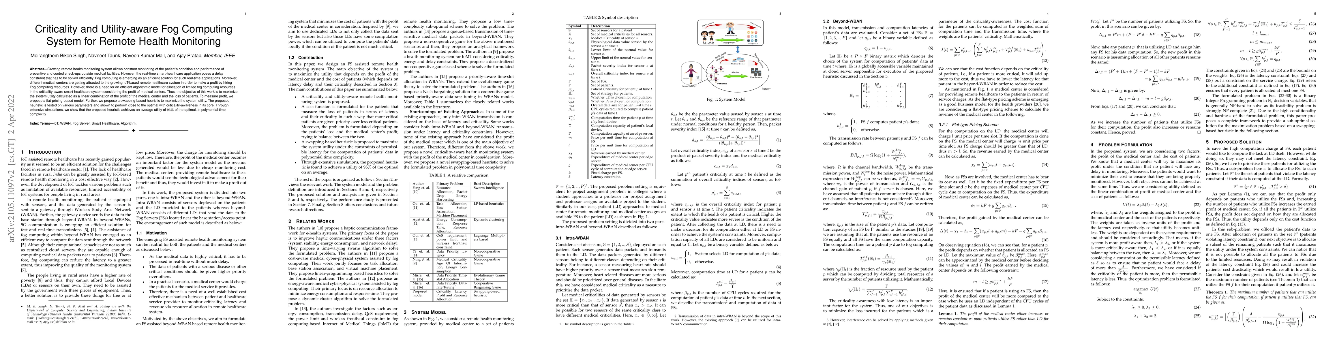Thumbnail for Criticality and Utility-aware Fog Computing System for Remote Health
  Monitoring