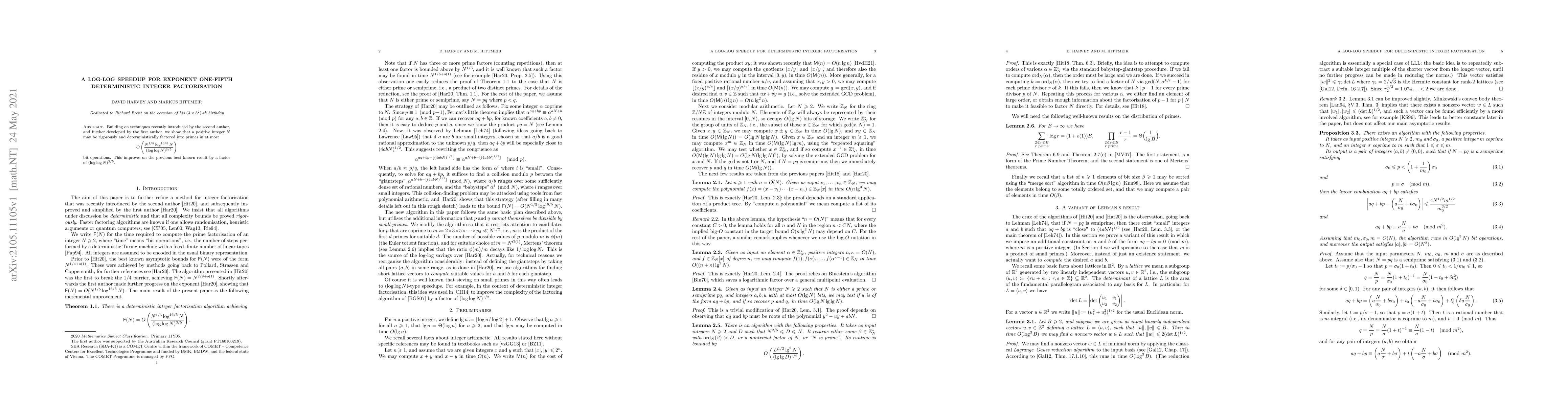 Thumbnail for A log-log speedup for exponent one-fifth deterministic integer
  factorisation