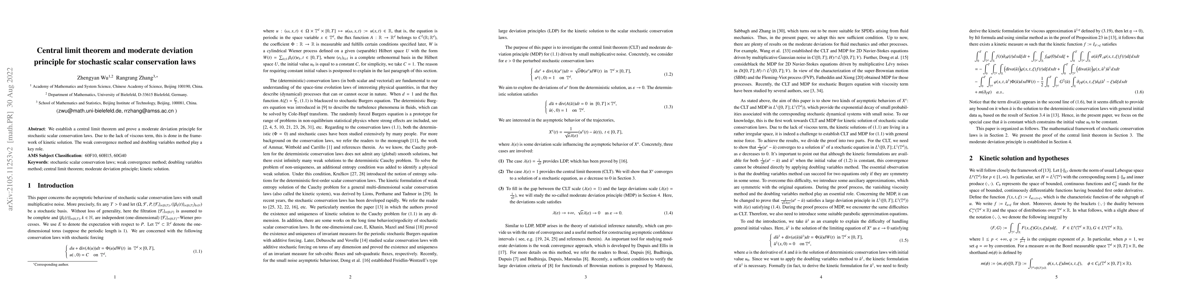 Thumbnail for Central limit theorem and moderate deviation principle for stochastic
  scalar conservation laws
