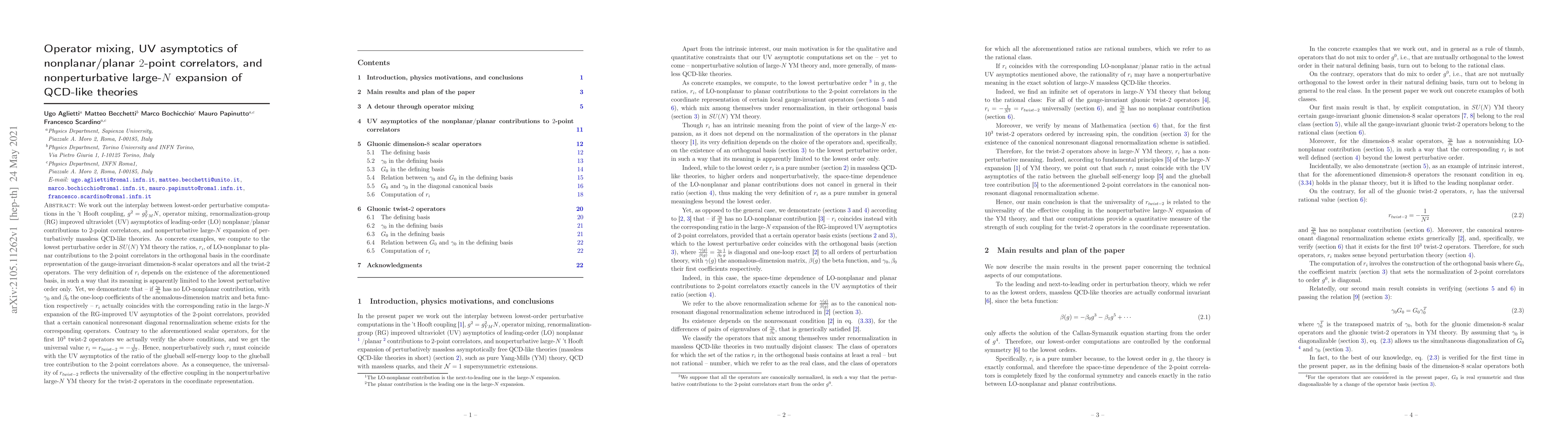 Thumbnail for Operator mixing, UV asymptotics of nonplanar/planar $2$-point
  correlators, and nonperturbative large-$N$ expansion of QCD-like theories