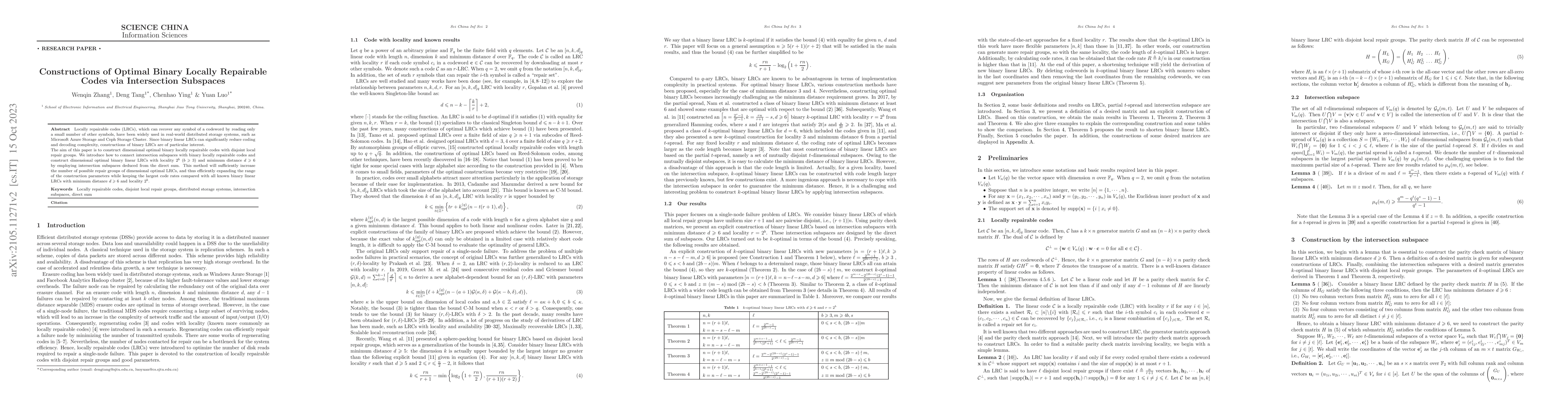 Thumbnail for Constructions of Binary Optimal Locally Repairable Codes via
  Intersection Subspaces