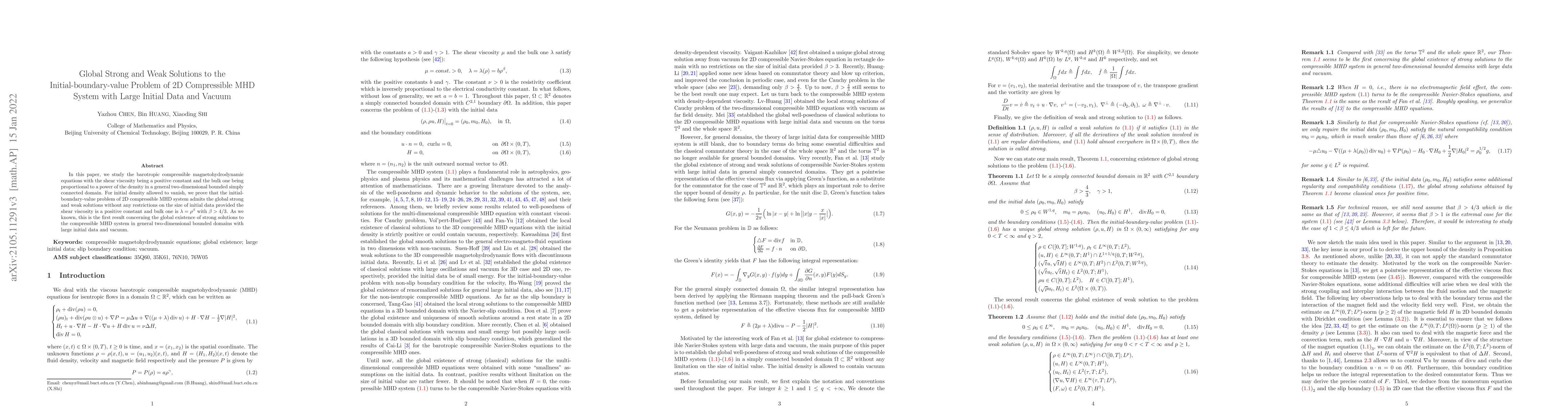 Thumbnail for Global Strong and Weak Solutions to the Initial-boundary-value Problem
  of 2D Compressible MHD System with Large Initial Data and Vacuum