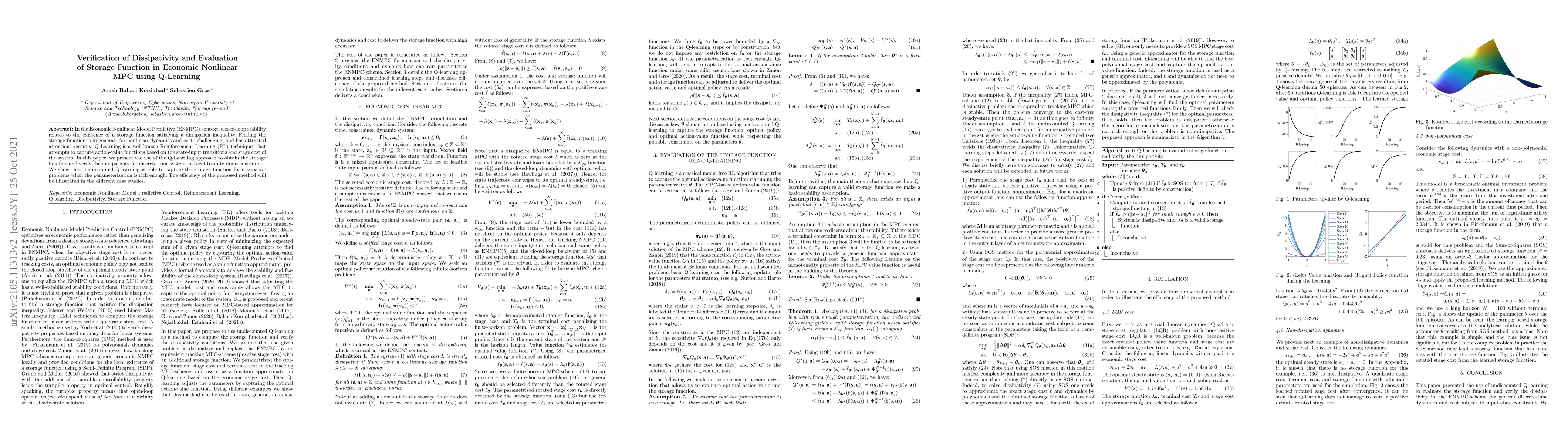 Thumbnail for Verification of Dissipativity and Evaluation of Storage Function in
  Economic Nonlinear MPC using Q-Learning