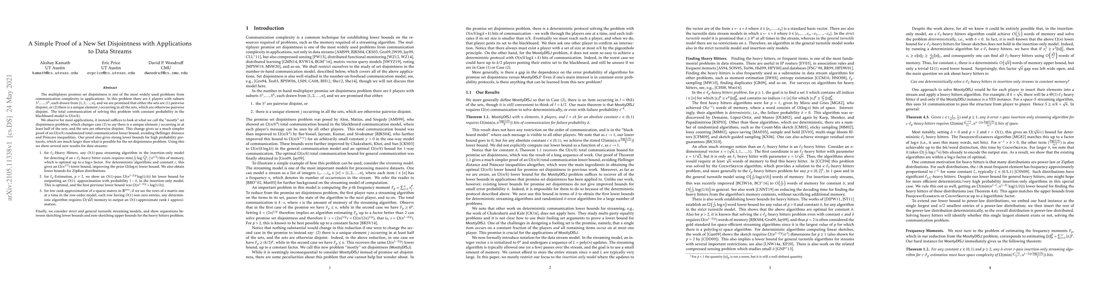 Thumbnail for A Simple Proof of a New Set Disjointness with Applications to Data
  Streams