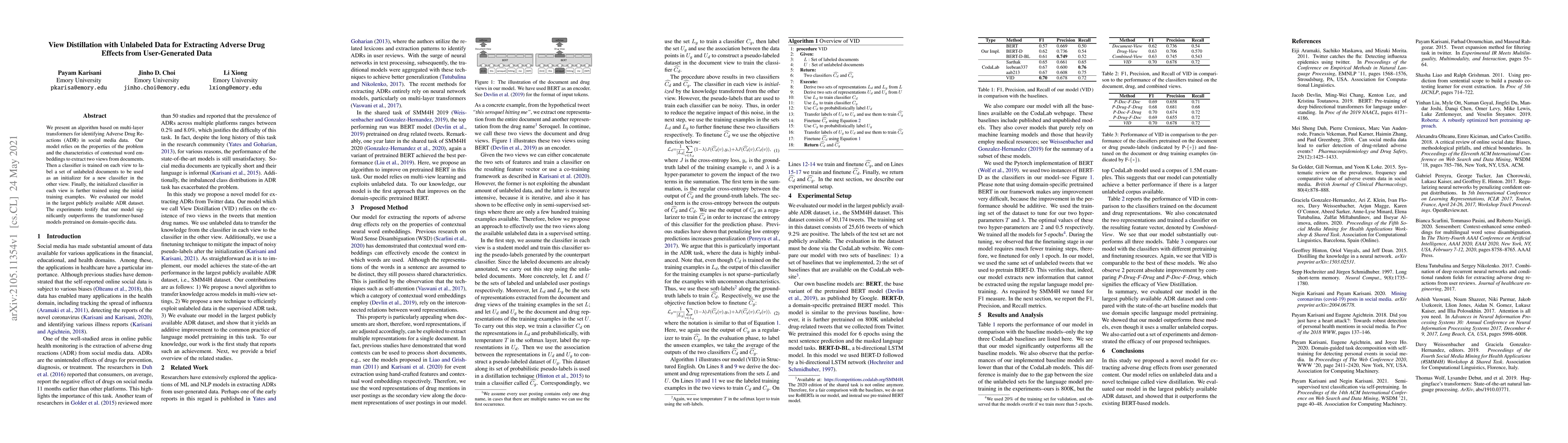 Thumbnail for View Distillation with Unlabeled Data for Extracting Adverse Drug
  Effects from User-Generated Data