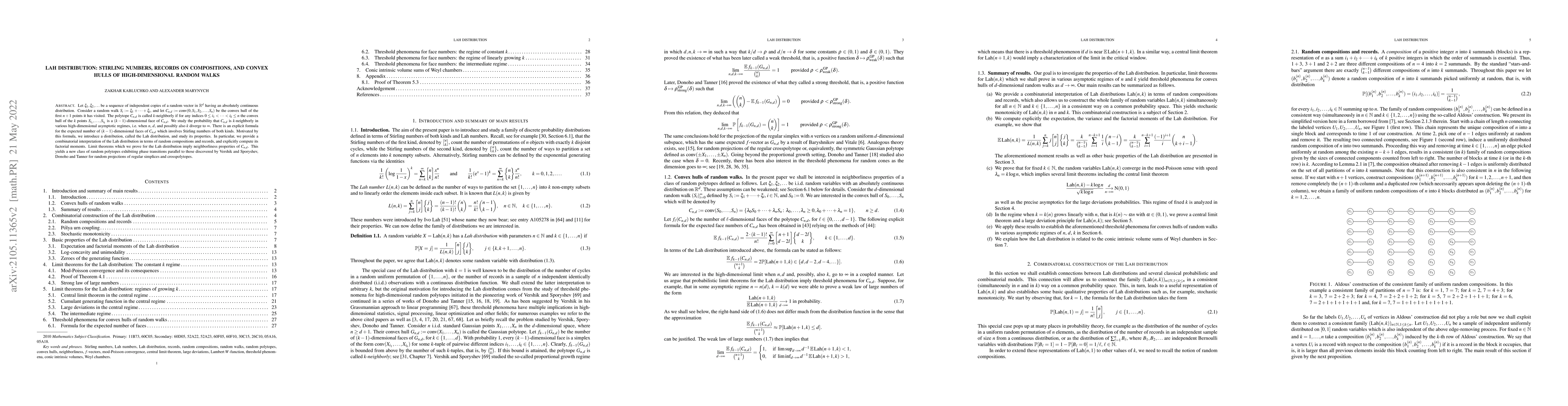 Thumbnail for Lah distribution: Stirling numbers, records on compositions, and convex
  hulls of high-dimensional random walks