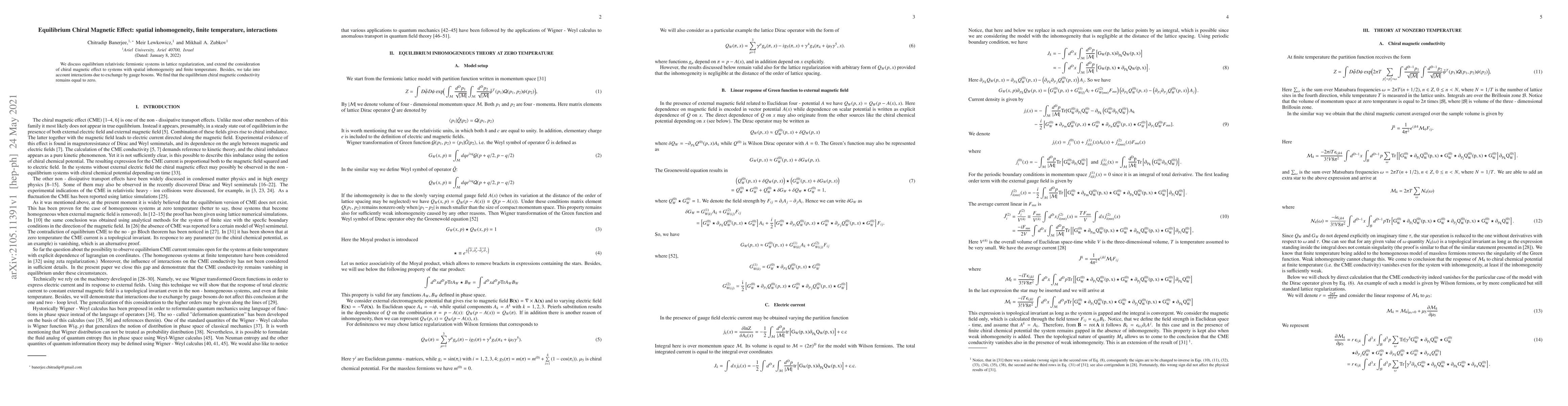 Thumbnail for Equilibrium Chiral Magnetic Effect: spatial inhomogeneity, finite
  temperature, interactions