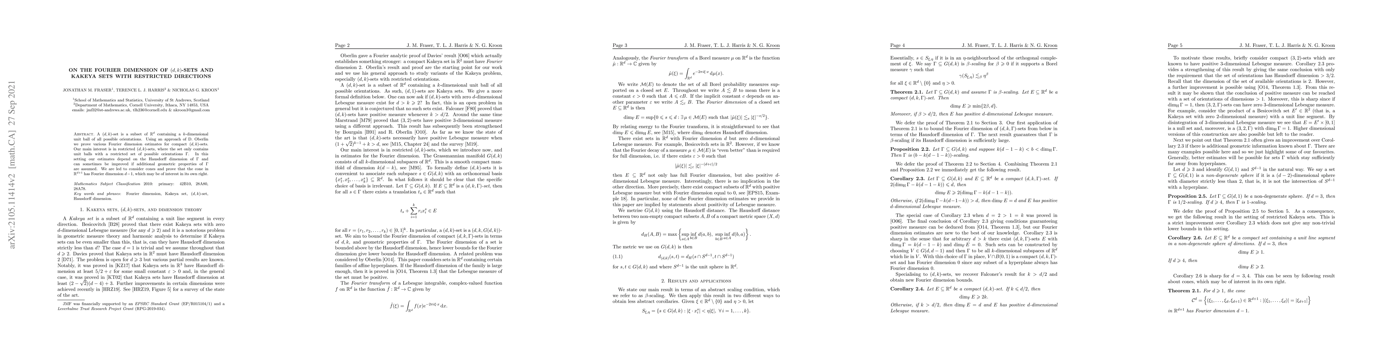 Thumbnail for On the Fourier dimension of $(d,k)$-sets and Kakeya sets with restricted
  directions