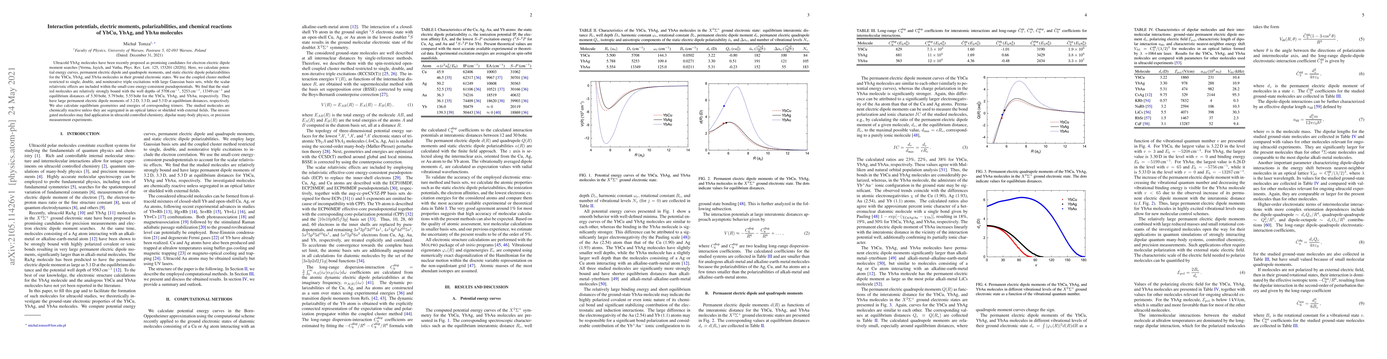 Thumbnail for Interaction potentials, electric moments, polarizabilities, and chemical
  reactions of YbCu, YbAg, and YbAu molecules