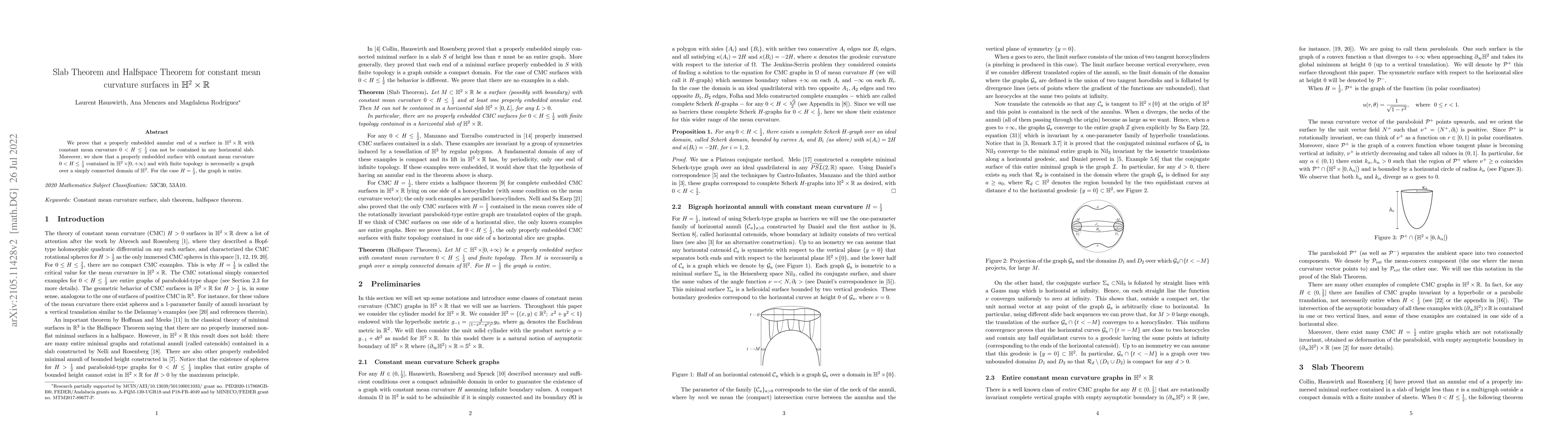 Thumbnail for Slab Theorem and Halfspace Theorem for constant mean curvature surfaces
  in $\mathbb H^2\times\mathbb R$