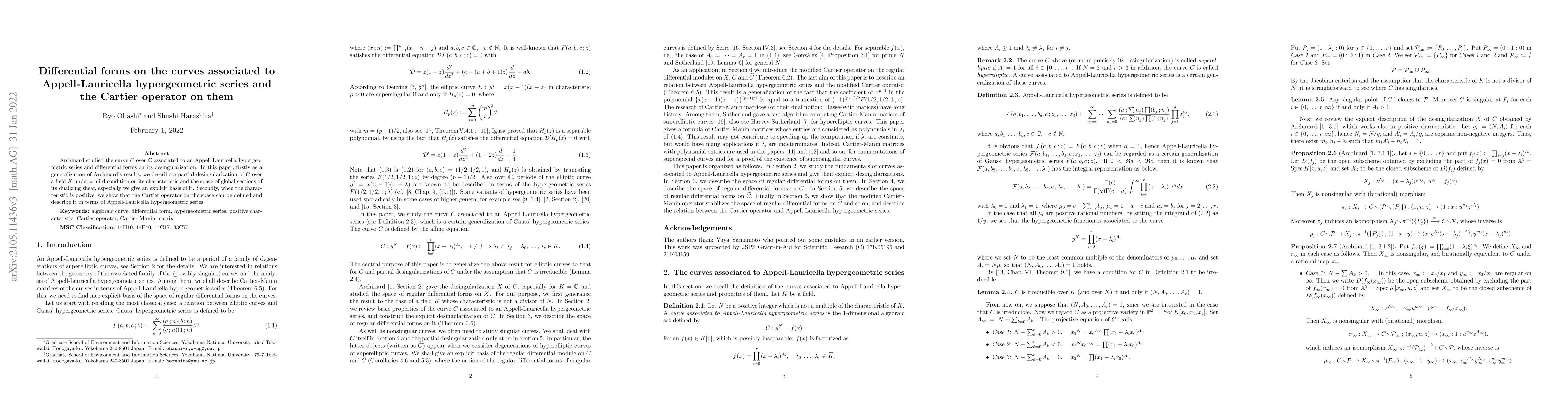 Thumbnail for Differential forms on the curves associated to Appell-Lauricella
  hypergeometric series and the Cartier operator on them