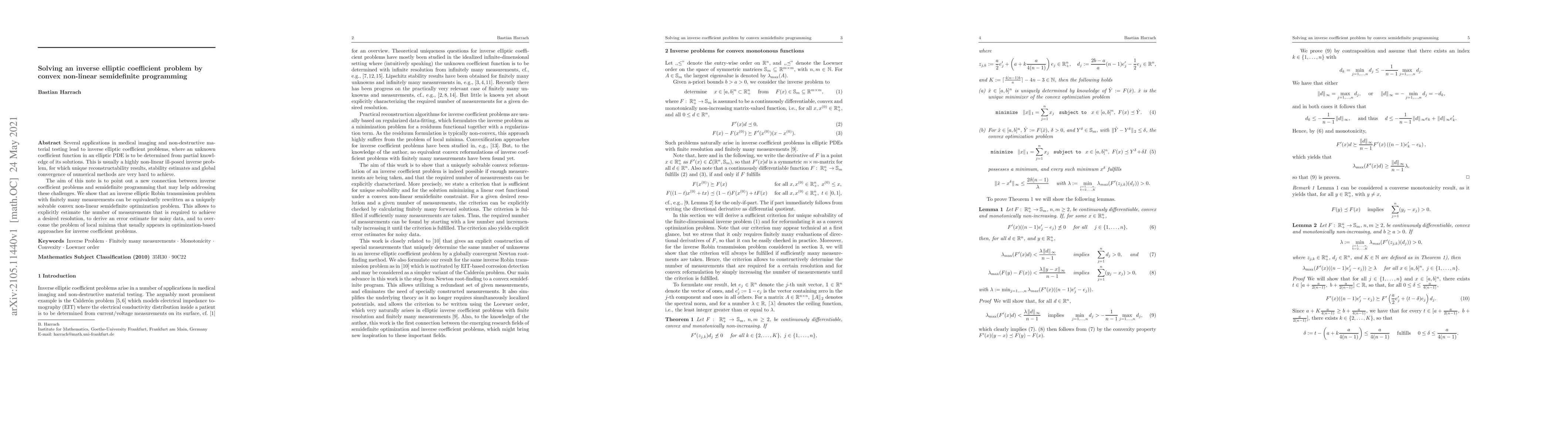 Thumbnail for Solving an inverse elliptic coefficient problem by convex non-linear
  semidefinite programming