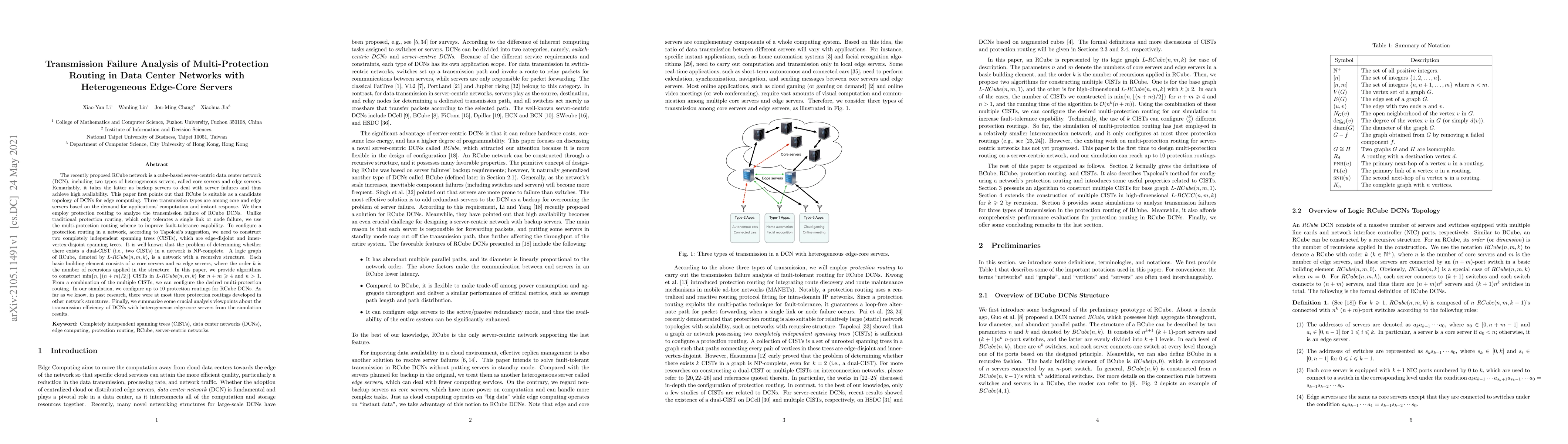Thumbnail for Transmission Failure Analysis of Multi-Protection Routing in Data Center
  Networks with Heterogeneous Edge-Core Servers