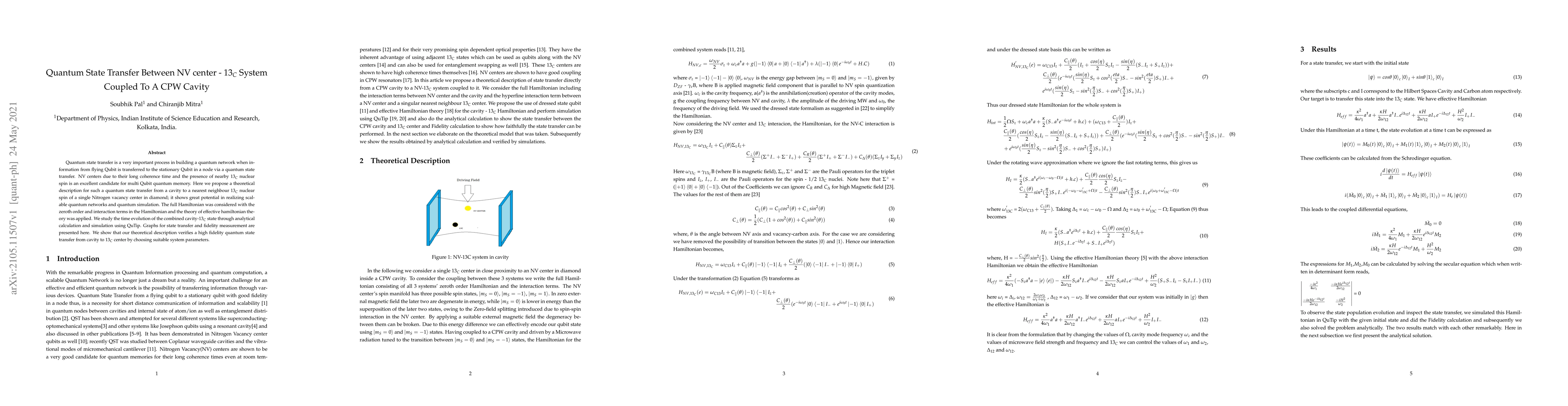 Thumbnail for Quantum State Transfer Between NV Center -- $13_C$ System Coupled To A
  CPW Cavity