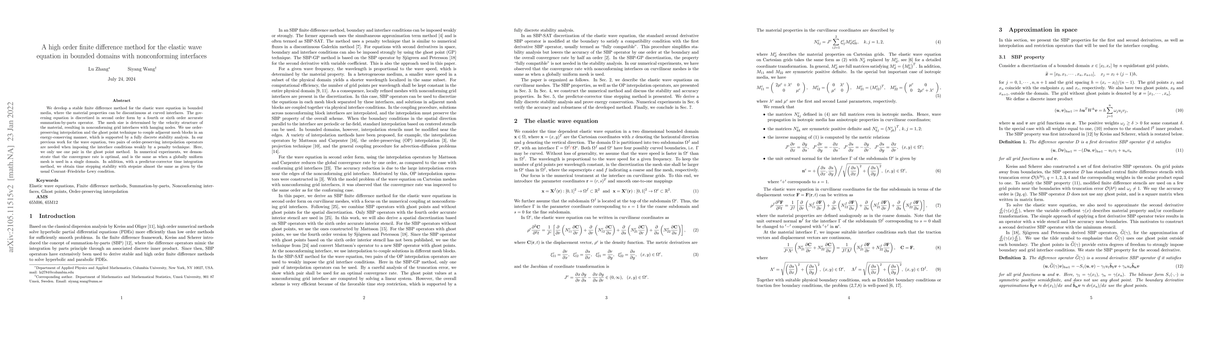 Thumbnail for A high order finite difference method for the elastic wave equation in
  bounded domains with nonconforming interfaces