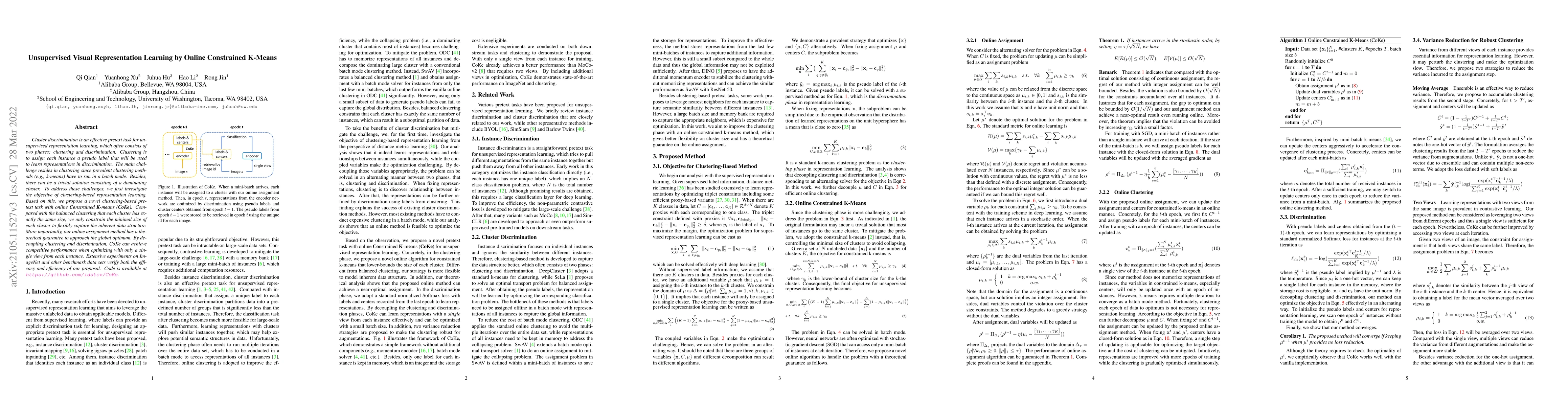Thumbnail for Unsupervised Visual Representation Learning by Online Constrained
  K-Means
