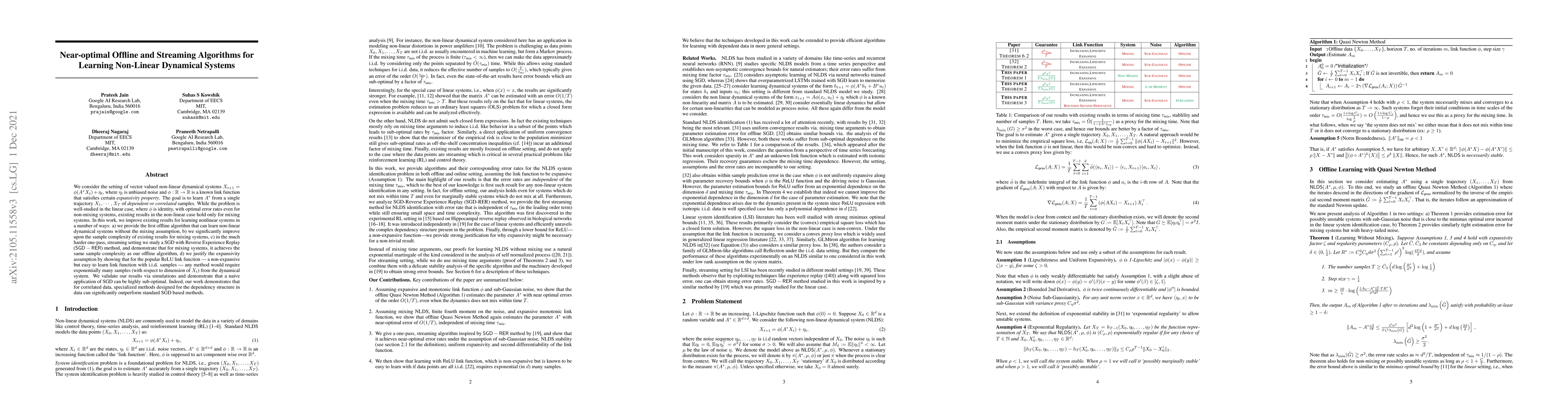 Thumbnail for Near-optimal Offline and Streaming Algorithms for Learning Non-Linear
  Dynamical Systems