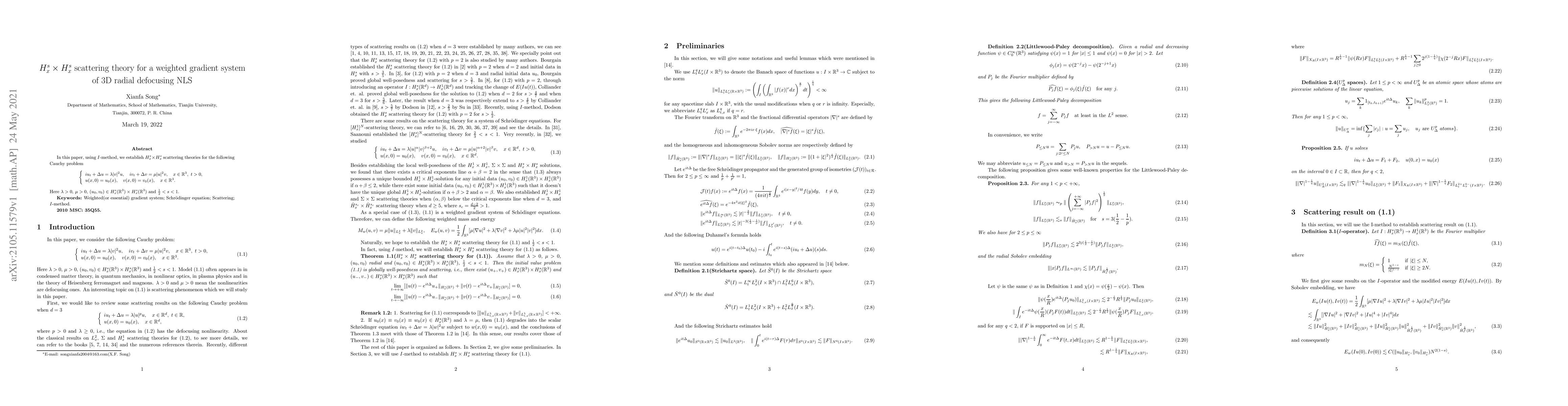 Thumbnail for $H^s_x\times H^s_x$ scattering theory for a weighted gradient system of
  3D radial defocusing NLS