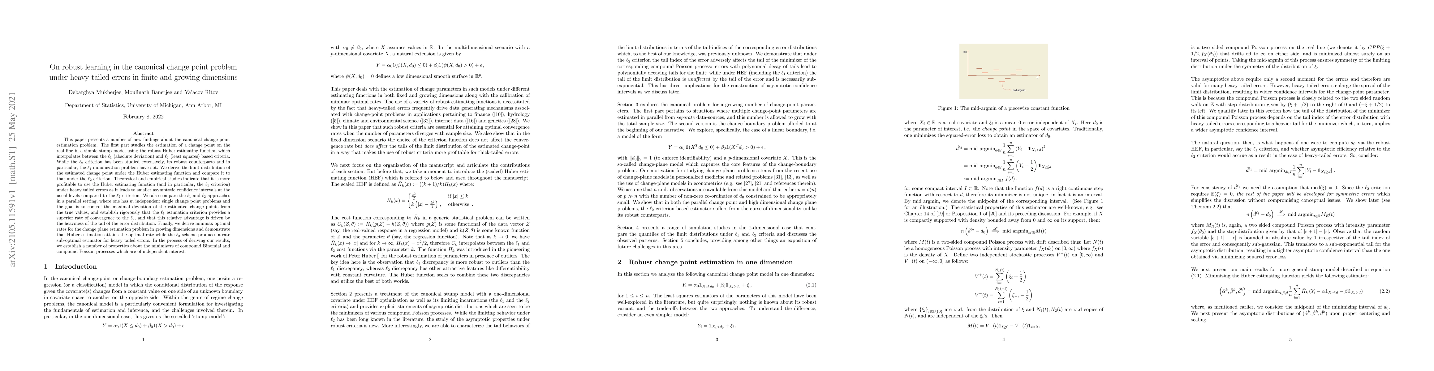 Thumbnail for On robust learning in the canonical change point problem under heavy
  tailed errors in finite and growing dimensions
