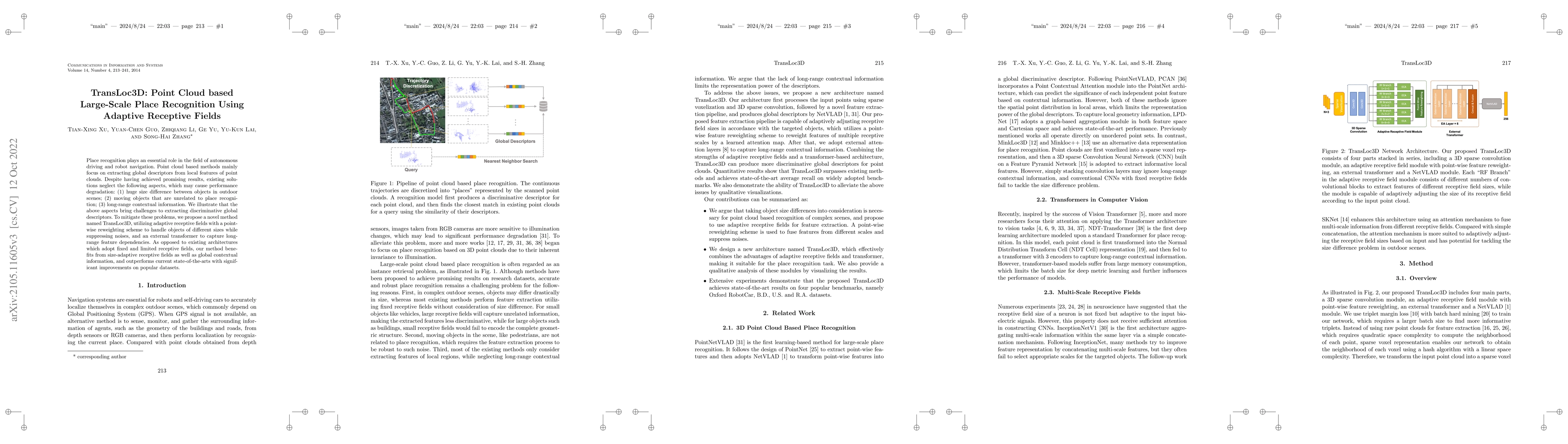 Thumbnail for TransLoc3D : Point Cloud based Large-scale Place Recognition using
  Adaptive Receptive Fields